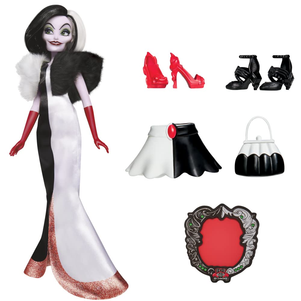 Hasbro Disney Princess Villains - Cruella De Mon, Fashion Puppe mit Zubehör und Abnehmbarer Kleidung, Spielzeug für Kinder ab 5 Jahren, Mehrfarbig