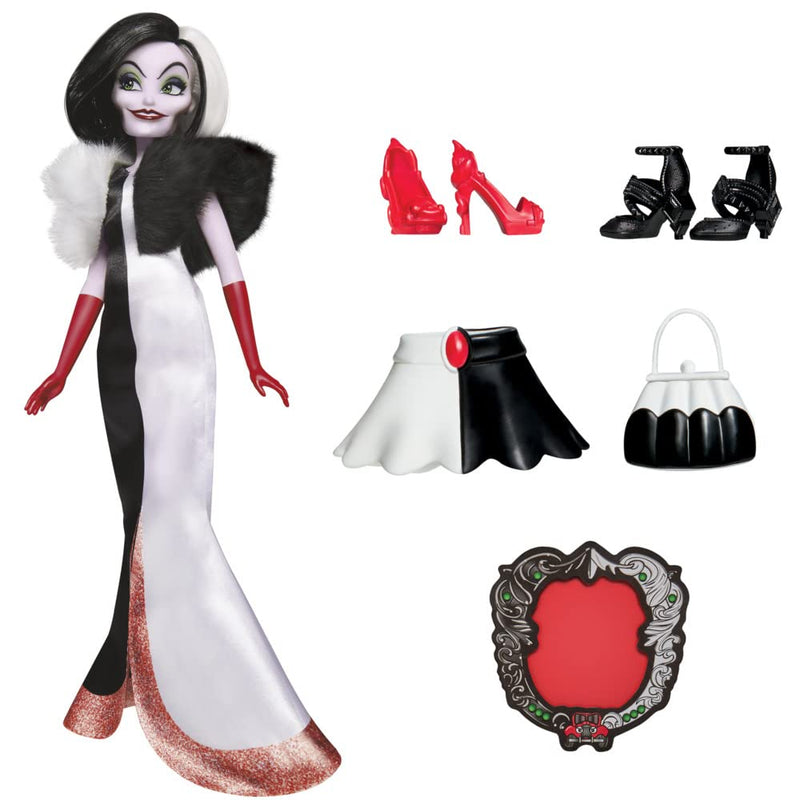Hasbro Disney Princess Villains - Cruella De Mon, Fashion Puppe mit Zubehör und Abnehmbarer Kleidung, Spielzeug für Kinder ab 5 Jahren, Mehrfarbig
