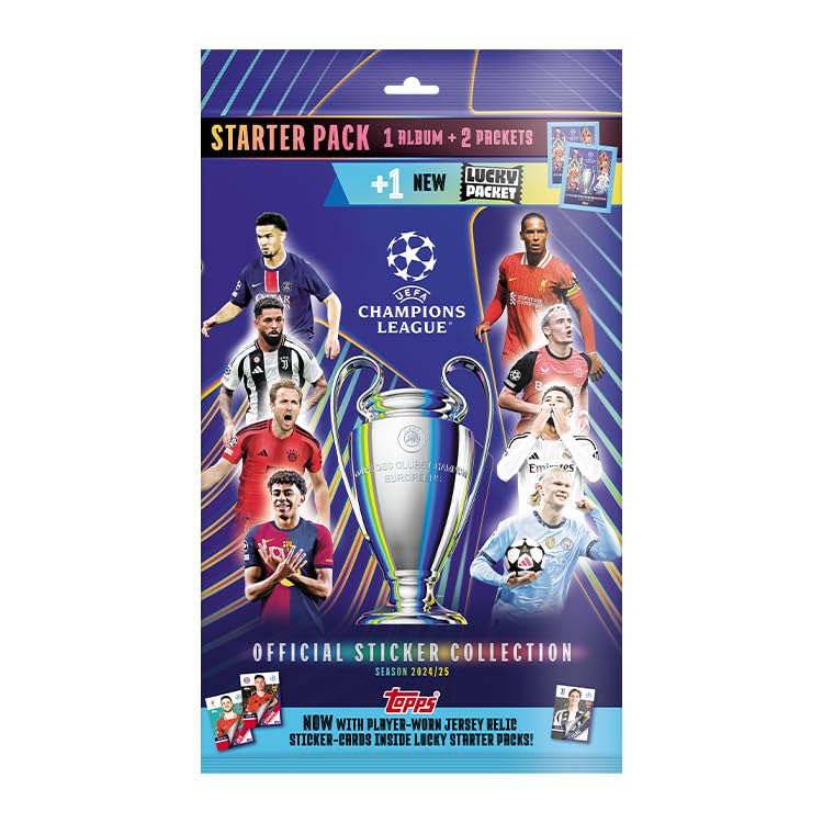 Topps UEFA Champions League Stickers 24/25 - Starter Pack - Contains an 80 Page Sticker Album and 3 Packets (18 Stickers), one of which is a Lucky Packet with an Extra Special Shiny Sticker Inside!