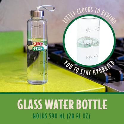 Paladone Friends TV Show Wasserflasche aus Glas mit Zeitmarkierungen und Handschlaufe, 590 ml