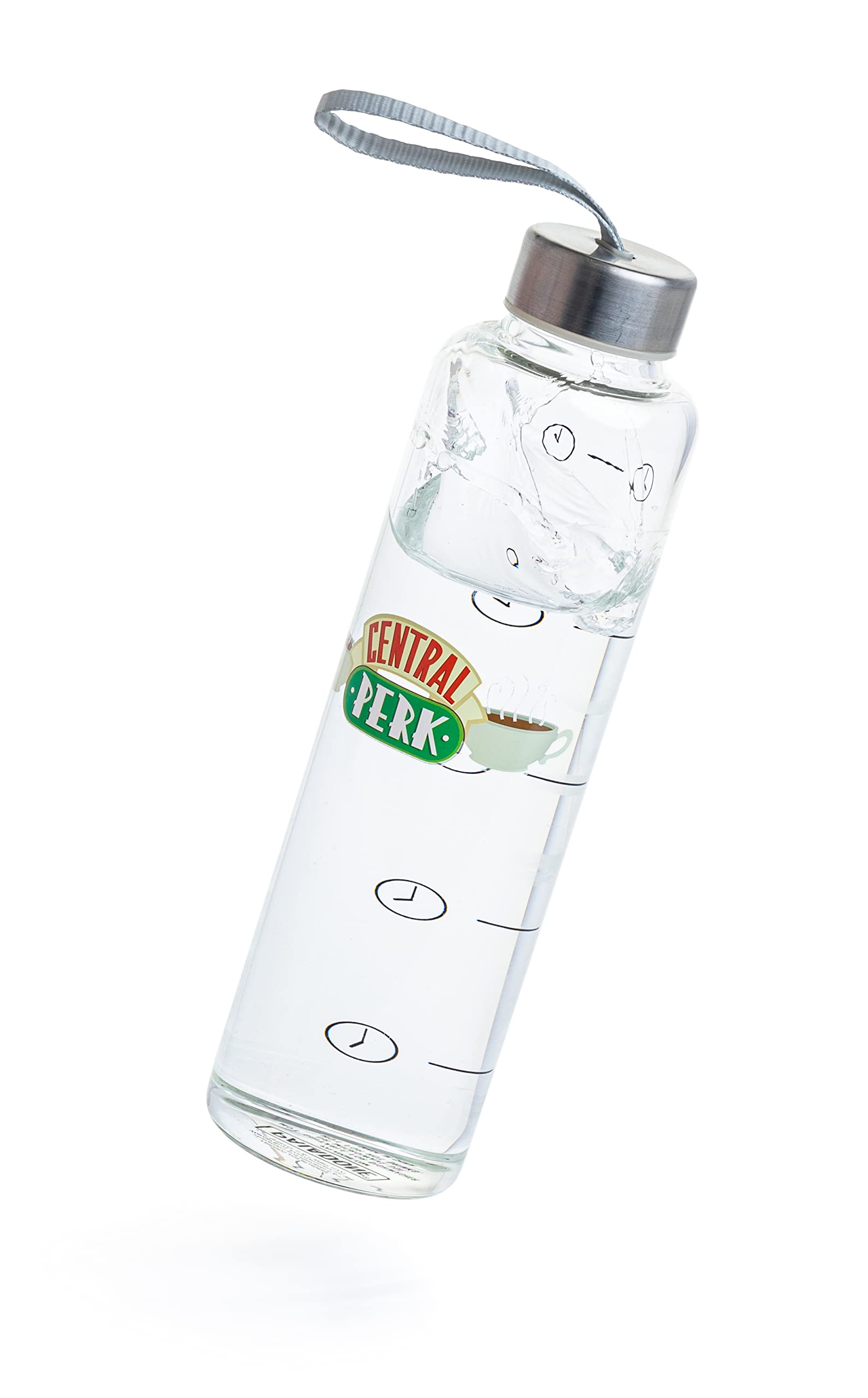 Paladone Friends TV Show Wasserflasche aus Glas mit Zeitmarkierungen und Handschlaufe, 590 ml