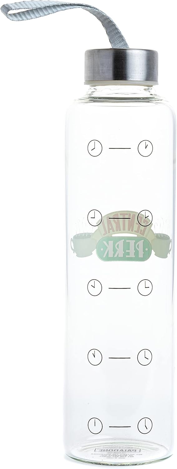 Paladone Friends TV Show Wasserflasche aus Glas mit Zeitmarkierungen und Handschlaufe, 590 ml