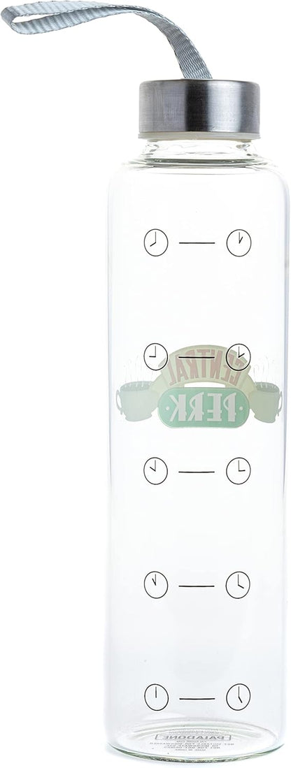 Paladone Friends TV Show Wasserflasche aus Glas mit Zeitmarkierungen und Handschlaufe, 590 ml