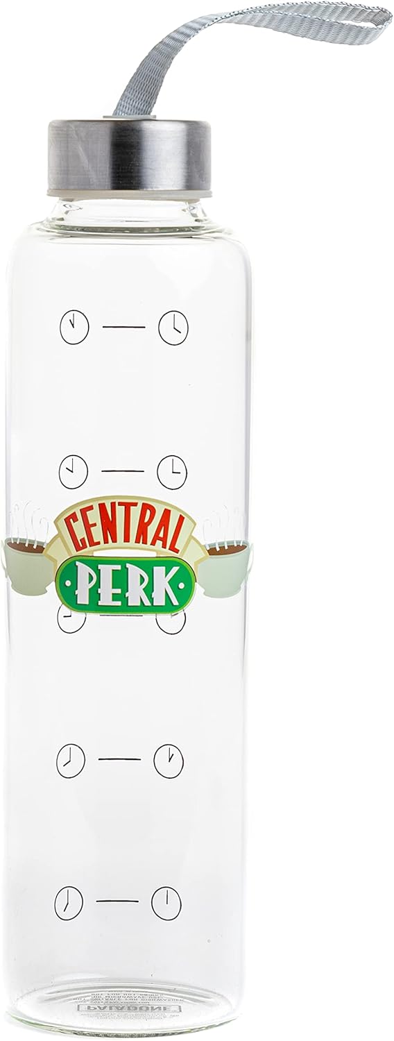 Paladone Friends TV Show Wasserflasche aus Glas mit Zeitmarkierungen und Handschlaufe, 590 ml