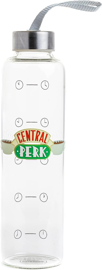 Paladone Friends TV Show Wasserflasche aus Glas mit Zeitmarkierungen und Handschlaufe, 590 ml