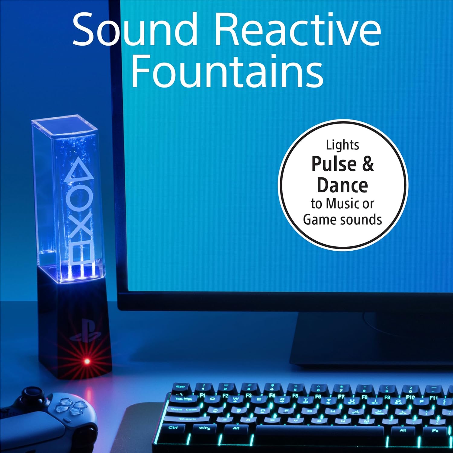 Paladone Playstation Liquid Dancing Lights, Two Sound Reactive Fountains (22 cm/8.7"), Powered by USB Cable, Gaming Desk Accessories