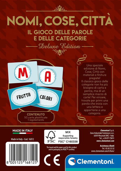 Clementoni - Giochi da Tavolo Bambini, Nomi, Cose, Città Deluxe, Mazzo di Carte 2-6 Giocatori da Giocare in Famiglia, Regalo Bambini 7 Anni, Made In Italy 0-36 Mesi, 16812
