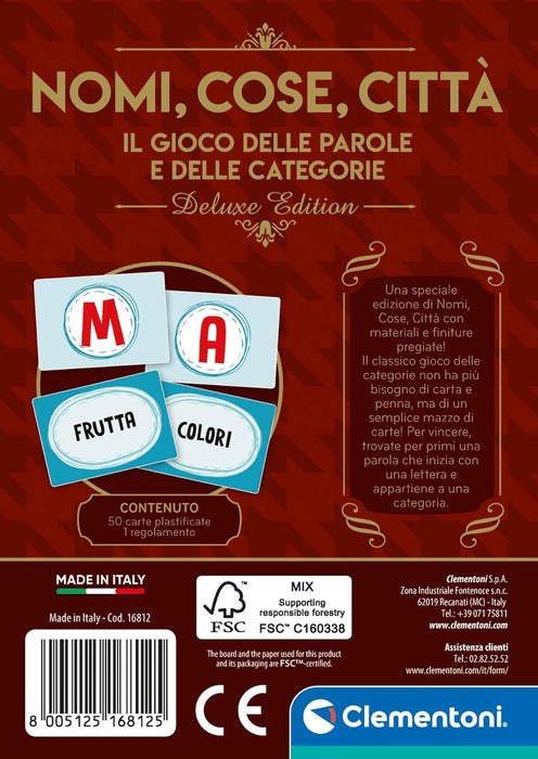 Clementoni - Giochi da Tavolo Bambini, Nomi, Cose, Città Deluxe, Mazzo di Carte 2-6 Giocatori da Giocare in Famiglia, Regalo Bambini 7 Anni, Made In Italy 0-36 Mesi, 16812