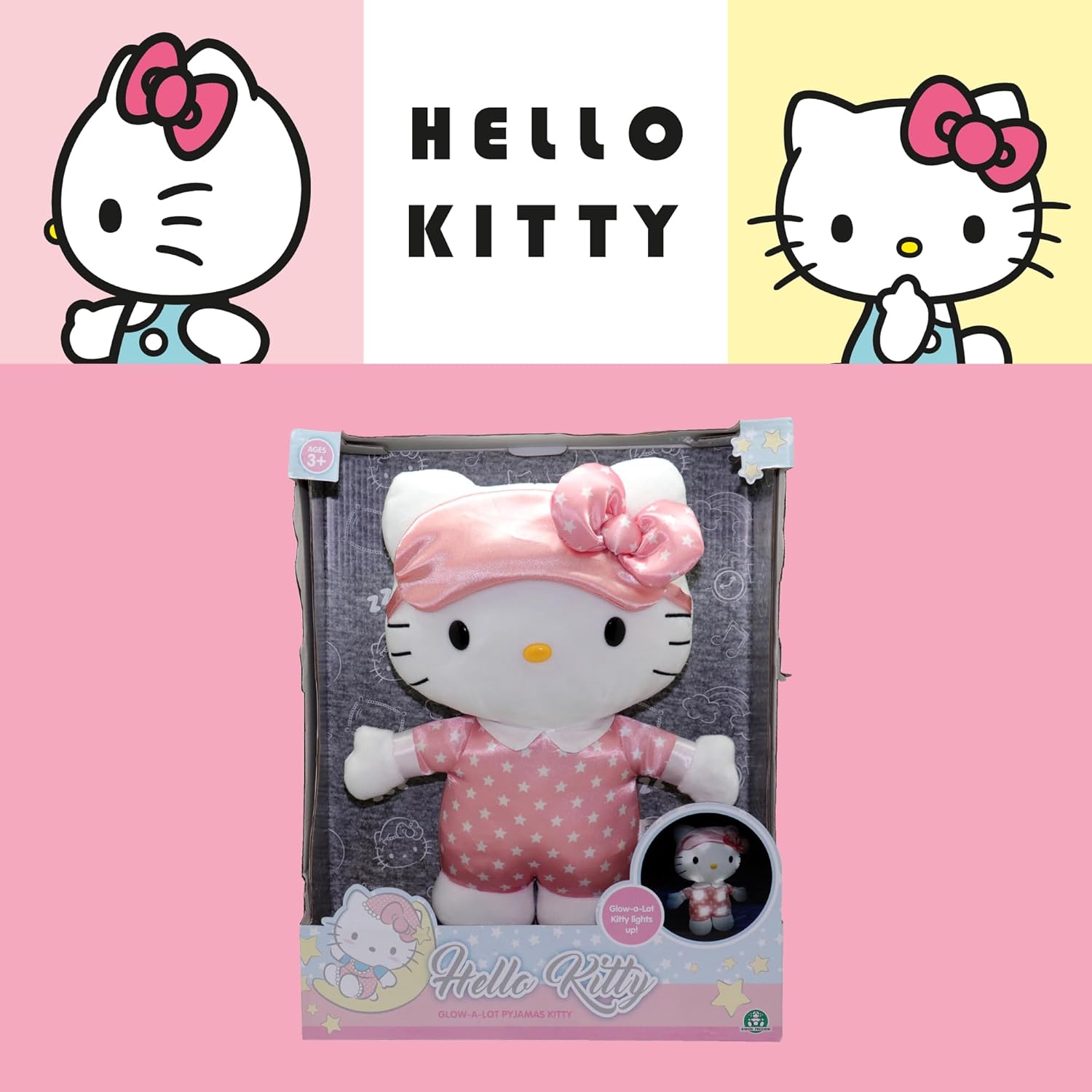 Hello Kitty Giochi Preziosi Peluche Luminoso Melodia per Nanna e Pisolino, Alto 30 cm, Indossa un Simpatico Pigiamino Rosa con Stelle, per Bambini dai 3 Anni