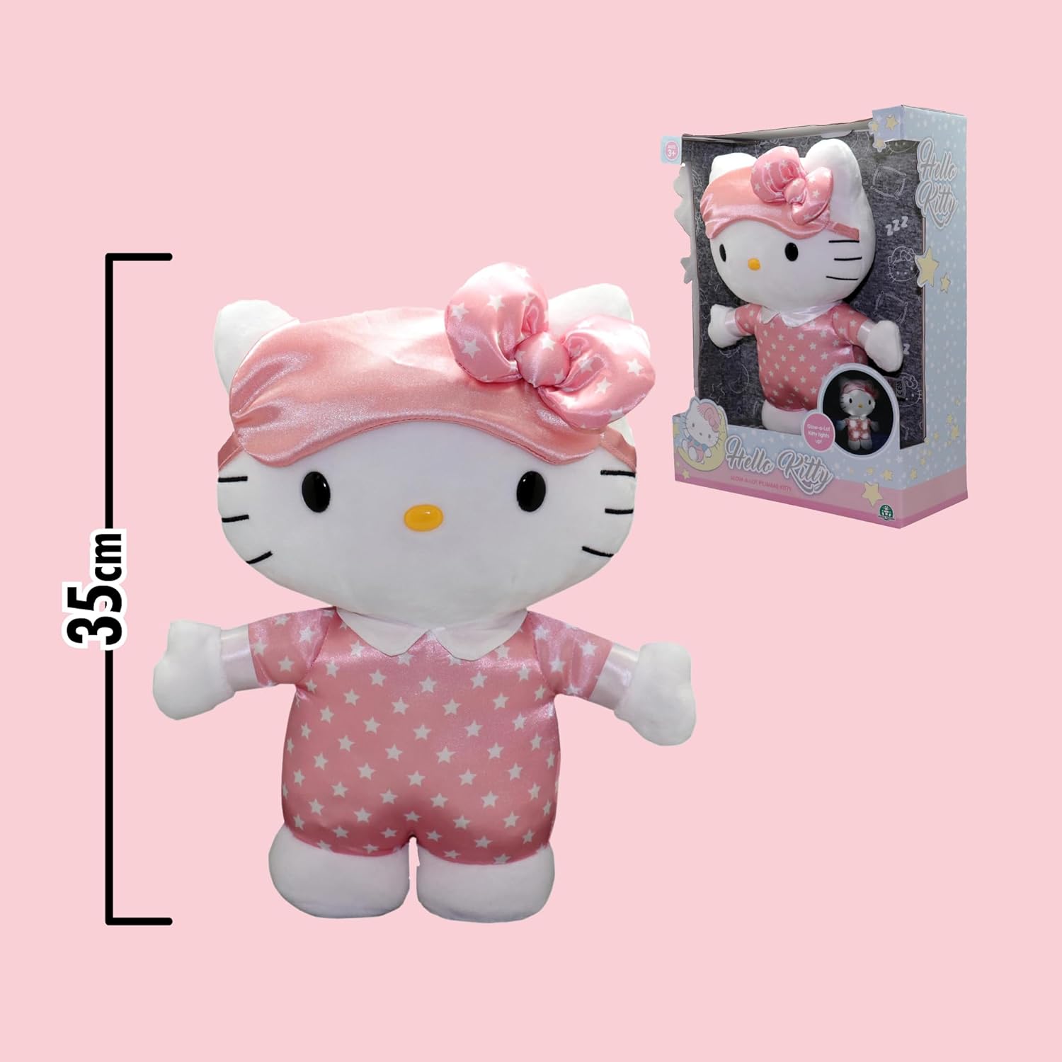 Hello Kitty Giochi Preziosi Peluche Luminoso Melodia per Nanna e Pisolino, Alto 30 cm, Indossa un Simpatico Pigiamino Rosa con Stelle, per Bambini dai 3 Anni