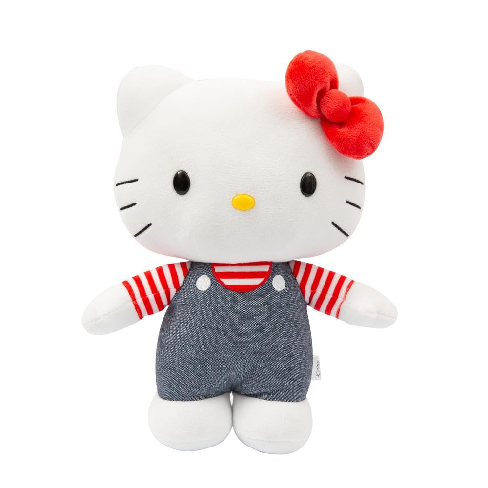 Hello Kitty 30 cm Plüschtier – mit Blauer Jeanslatzhose, weich und kuschelig, Altersgruppen – inklusive Geschenkbox, entzückbares Sammlerstück