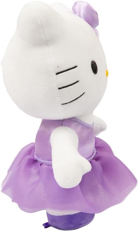 Hello Kitty Giochi Preziosi - Peluche Suave de 30 cm de Altura con Atuendo a la Moda, Vestido Morado Satinado y Lazo a Juego, para niños a Partir de 3 años