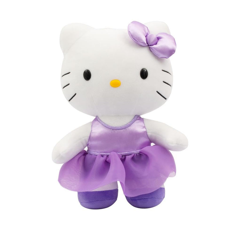 Hello Kitty Giochi Preziosi - Peluche Suave de 30 cm de Altura con Atuendo a la Moda, Vestido Morado Satinado y Lazo a Juego, para niños a Partir de 3 años