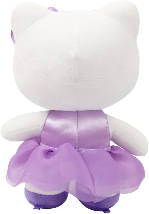 Hello Kitty Giochi Preziosi - Peluche Suave de 30 cm de Altura con Atuendo a la Moda, Vestido Morado Satinado y Lazo a Juego, para niños a Partir de 3 años
