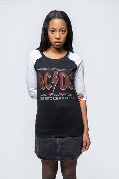 AC/DC T Shirt Hell Aint A Bad Place Ufficiale Nero Raglan 3/4 Sleeve da Donna Size XXXXL