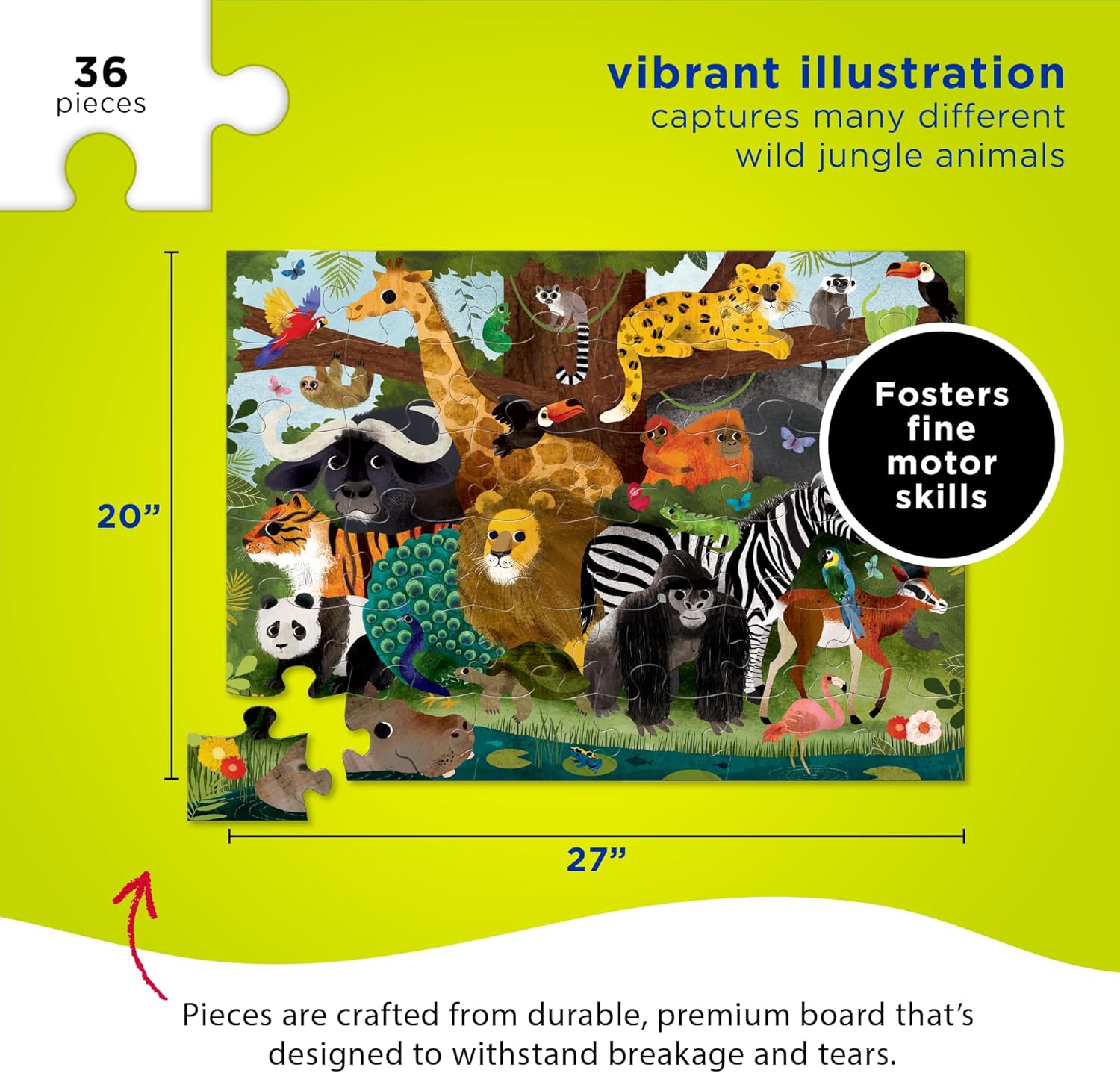 Crocodile Creek - Jungle Friends - 36-Piece Jigsaw Floor Puzzle with Heavy-Duty Shaped Box for Storage, Large 20" x 27" Completed Size, Designed for Kids Ages 3 Years and up
