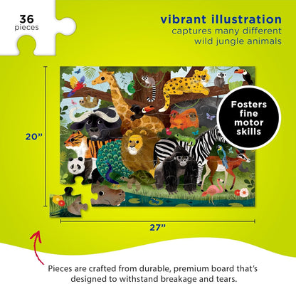 Crocodile Creek - Jungle Friends - 36-Piece Jigsaw Floor Puzzle with Heavy-Duty Shaped Box for Storage, Large 20" x 27" Completed Size, Designed for Kids Ages 3 Years and up