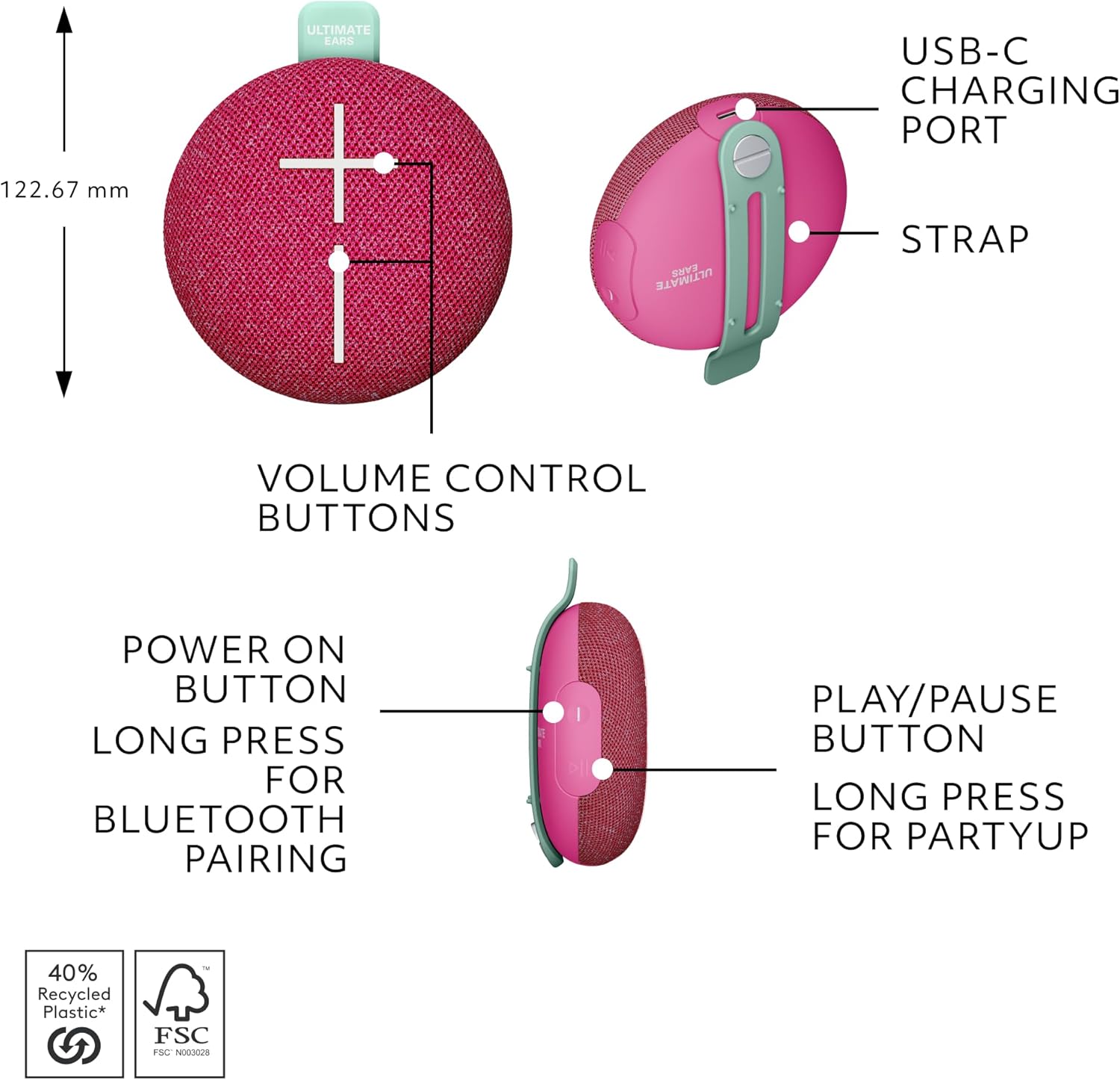 Ultimate Ears MINIROLL Ultra-Portable Waterproof Bluetooth Speaker, Big Bass, IP67 Dustproof, 40 m (131 ft) Range - Calming