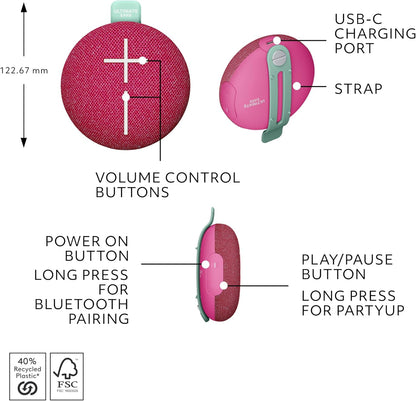 Ultimate Ears MINIROLL Ultra-Portable Waterproof Bluetooth Speaker, Big Bass, IP67 Dustproof, 40 m (131 ft) Range - Calming
