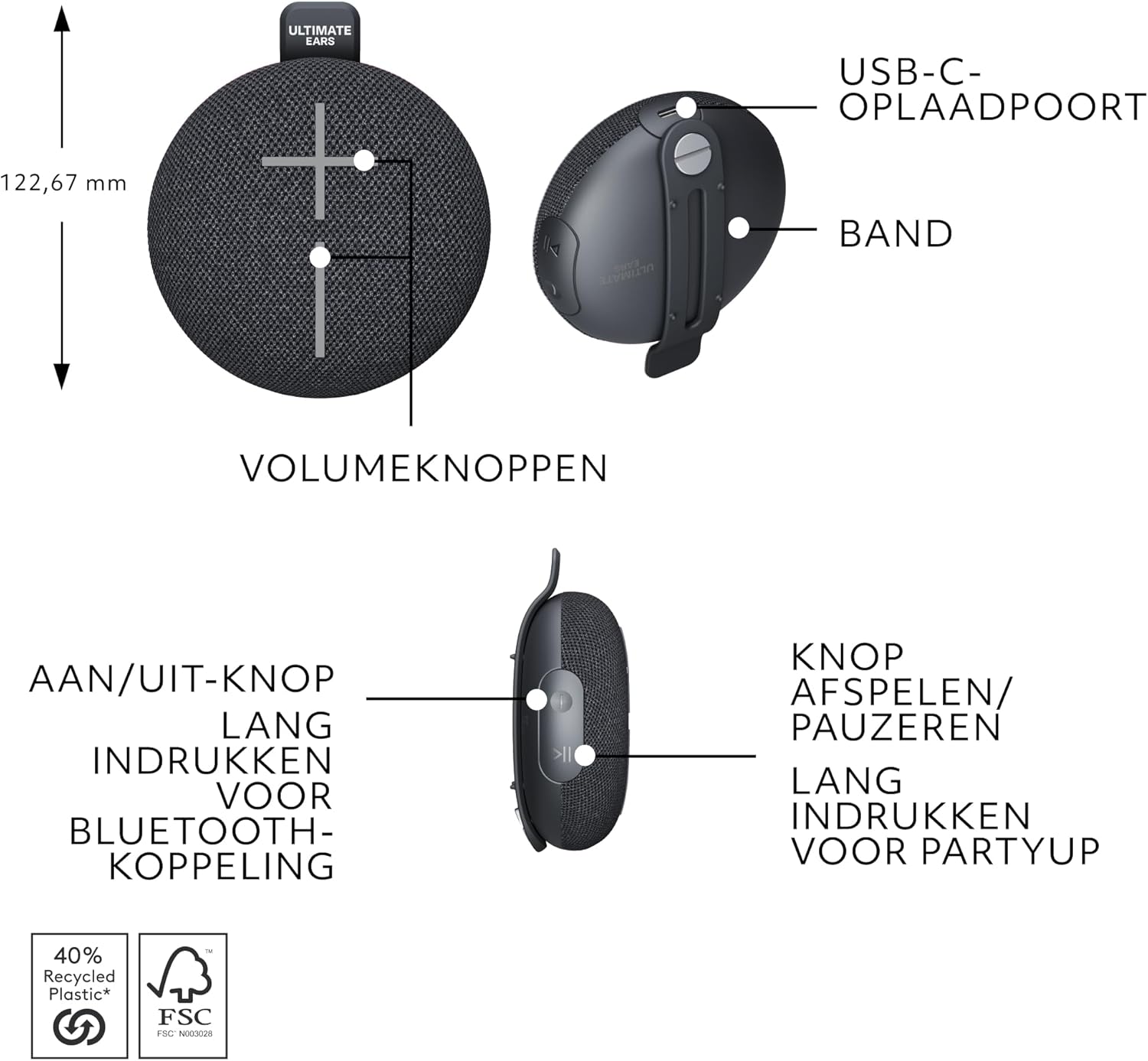 Ultimate Ears MINIROLL Ultra-Portable Waterproof Bluetooth Speaker, Big Bass, IP67 Dustproof, 40 m (131 ft) Range - Gentle
