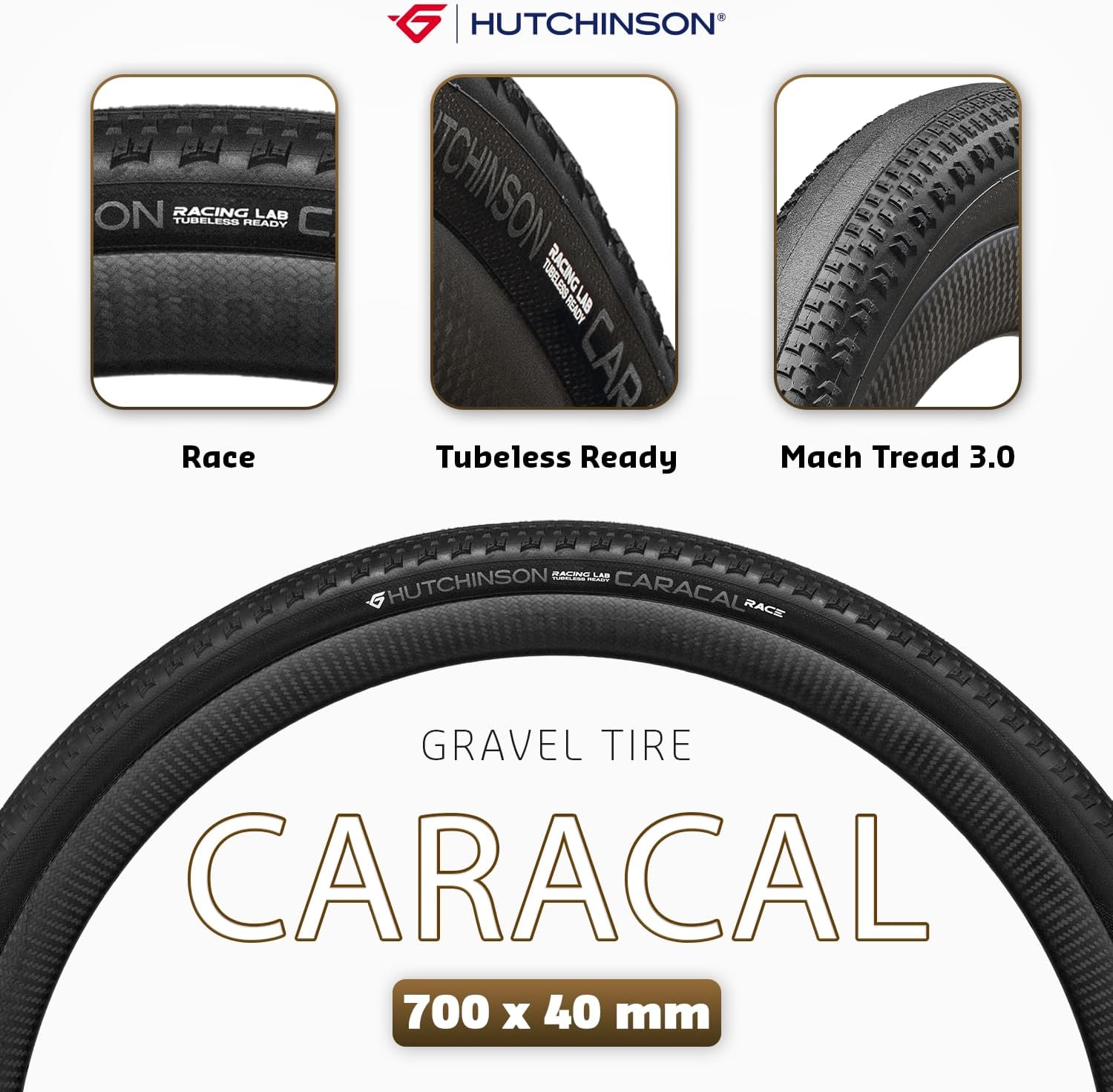 Hutchinson – Caracal Race – Tubeless Ready Gravel Tyre – Mach Tread Ultimate Compound – UltraSwift Casing – High‑Speed Racing Tread – Lightweight