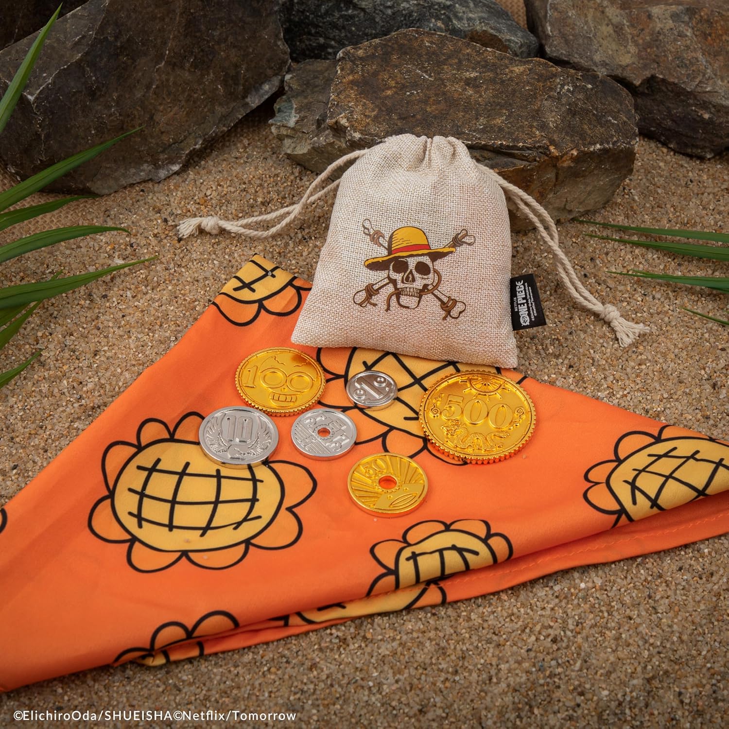 Cinereplicas One Piece - Nami Bandana and Berry Coins Set - 83 * 39 cm - Offizielle Lizenz, Orange/Abendrot im Zickzackmuster (Sunset Chevron), "Bandana: 83 x 39cm Coins: 45mm, 35mm, 30mm, 30mm, 25mm
