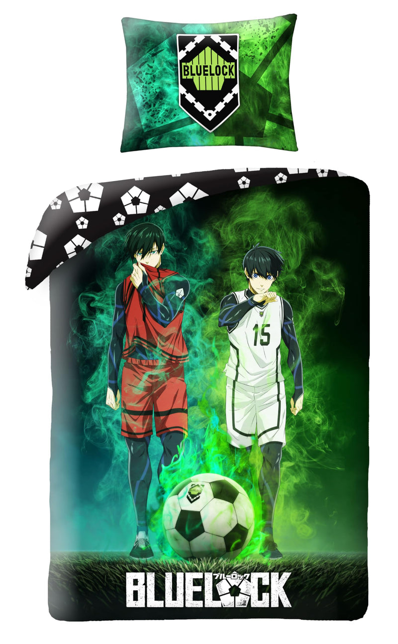 Halantex Blue Lock 2 Figuren Fußball- Bettwäsche-Set aus Baumwolle - Bettbezug 140 x 200 cm und Kissenbezug 70 x 90 cm - Mehrfarbig