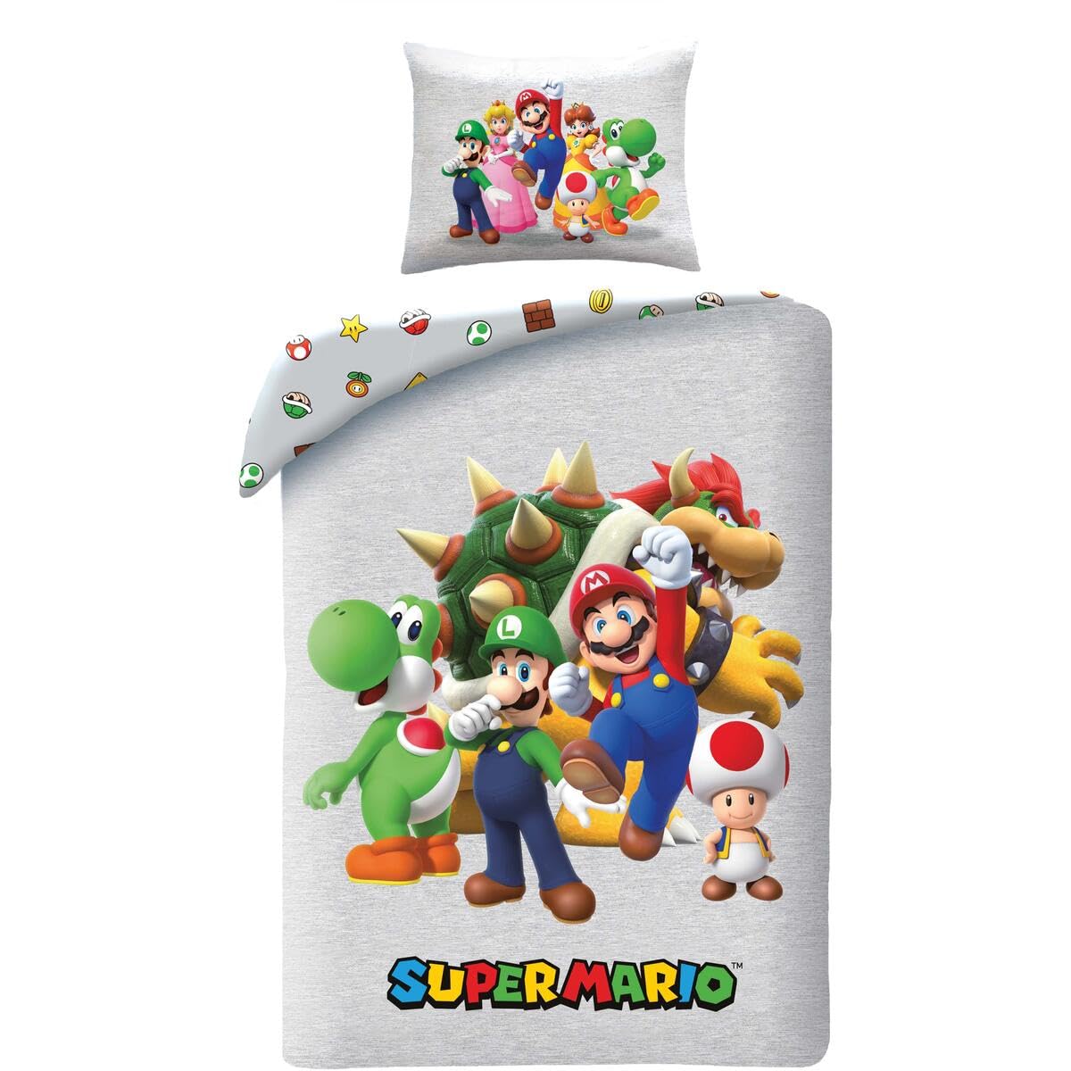 Super Mario Reversible Bedding Set, Duvet Cover 140 x 200 cm and Pillowcase, Polyester, with Mario, Luigi, Toad, Peach, Wario and Yoshi
