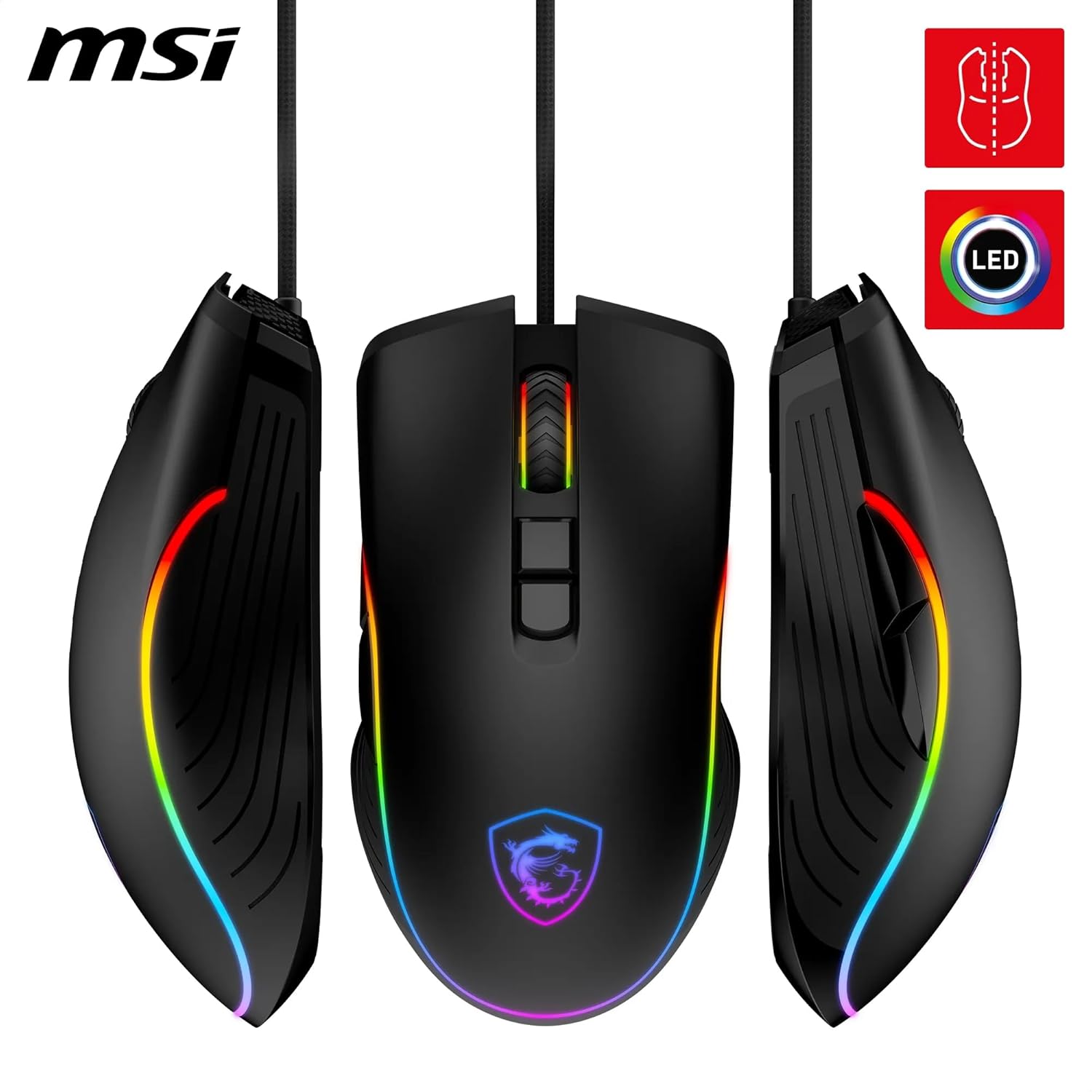 MSI FORGE GM300 Gaming Mouse - 7200DPI Optical Sensor, Symmetrical, 10M+ Click Switches, 7-Buttons, 8ms Latency, RGB LED, 118g - Wired