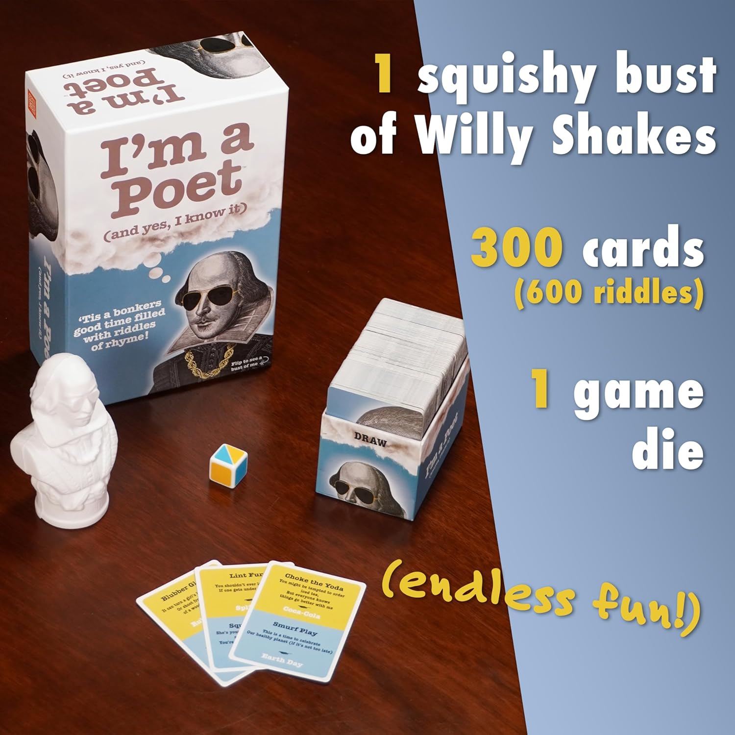 I'm A Poet (And yes I know it) - Family Party Game - Solve Riddles and Collect Willy Shake's Bust to Win - Ages 12+ - 300 Cards