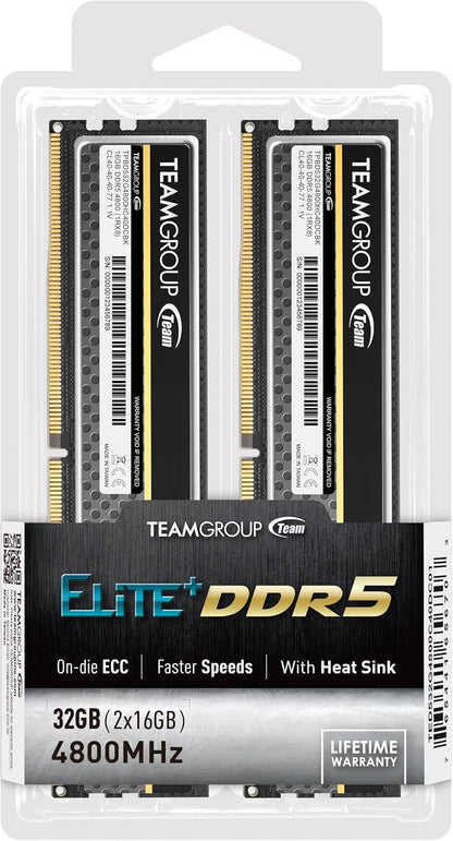 TEAMGROUP Elite Plus DDR5 32GB (2x16GB) 4800MHz PC5-38400 CL40 Unbuffered Non-ECC 1.1V UDIMM 288 Pin Desktop Memory Module Ram (Black) - TPBD532G4800HC40DC01
