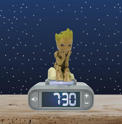 Lexibook, Marvel Guardians of the Galaxy, Groot nachtlampje wekker, geluiden en melodieën, LCD-scherm met achtergrondverlichting, verlichting, sluimerstand, grijs/bruin, RL800GG