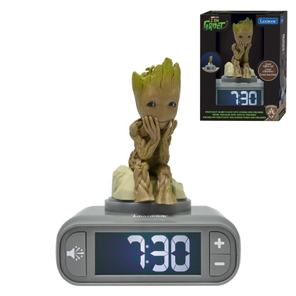 Lexibook, Marvel Guardians of the Galaxy, Groot nachtlampje wekker, geluiden en melodieën, LCD-scherm met achtergrondverlichting, verlichting, sluimerstand, grijs/bruin, RL800GG