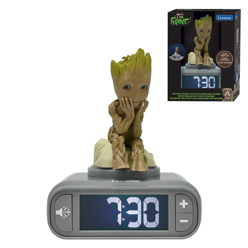 Lexibook, Marvel Guardians of the Galaxy, Groot nachtlampje wekker, geluiden en melodieën, LCD-scherm met achtergrondverlichting, verlichting, sluimerstand, grijs/bruin, RL800GG