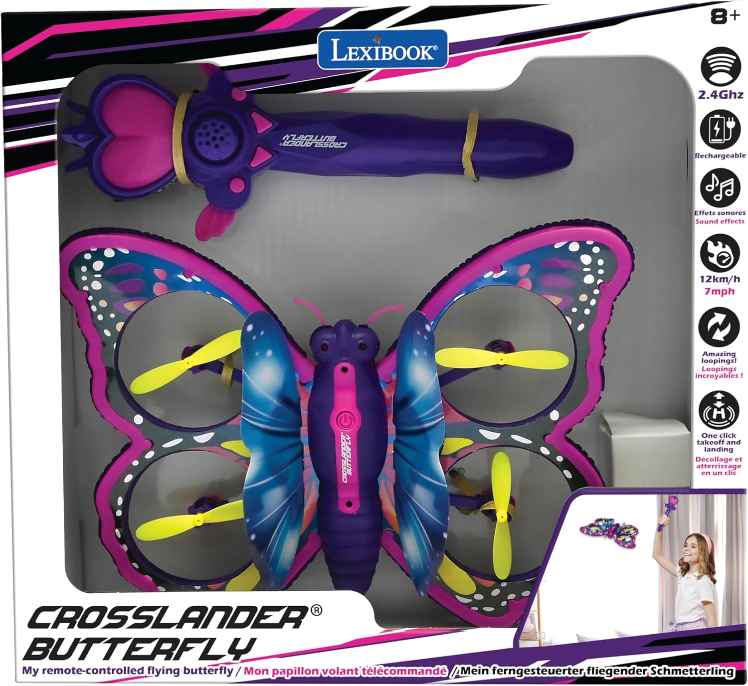 Lexibook, Crosslander Butterfly, Mijn Telegeleide Vliegende Vlinder, Multidirectionele Vlucht tot 12 km/u, Loopings, Afstandsbediening met 2 bedieningsmodi, Geluids- en Lichteffecten, Roze
