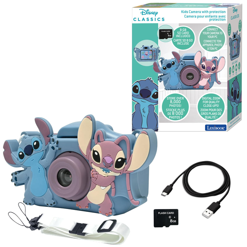 Lexibook, Disney Stitch, Fotocamera 4 in 1 per bambini con protezione, Funzioni foto, video, MP3 e giochi, 15 cornici per personalizzare le tue foto, Scheda di memoria da 8 GB inclusa, DJ078D