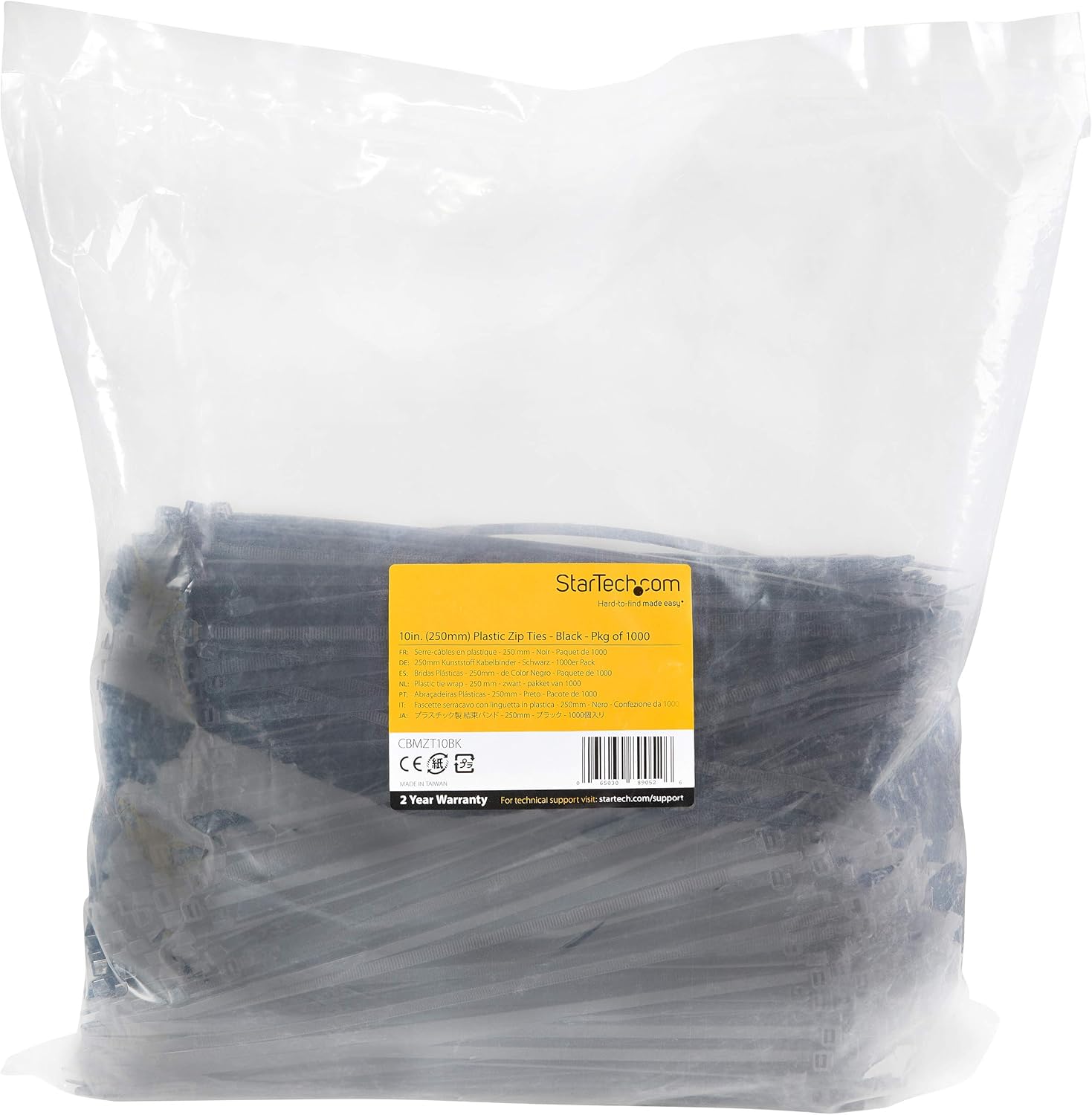 StarTech.com 10"(25cm) Cable Ties - 1/8"(4mm) wide, 2-5/8"(68mm) Bundle Diameter, 50lb(22kg) Tensile Strength, Nylon Self Locking Zip Ties w/Curved Tip, 94V-2/UL Listed, 1000 Pack -