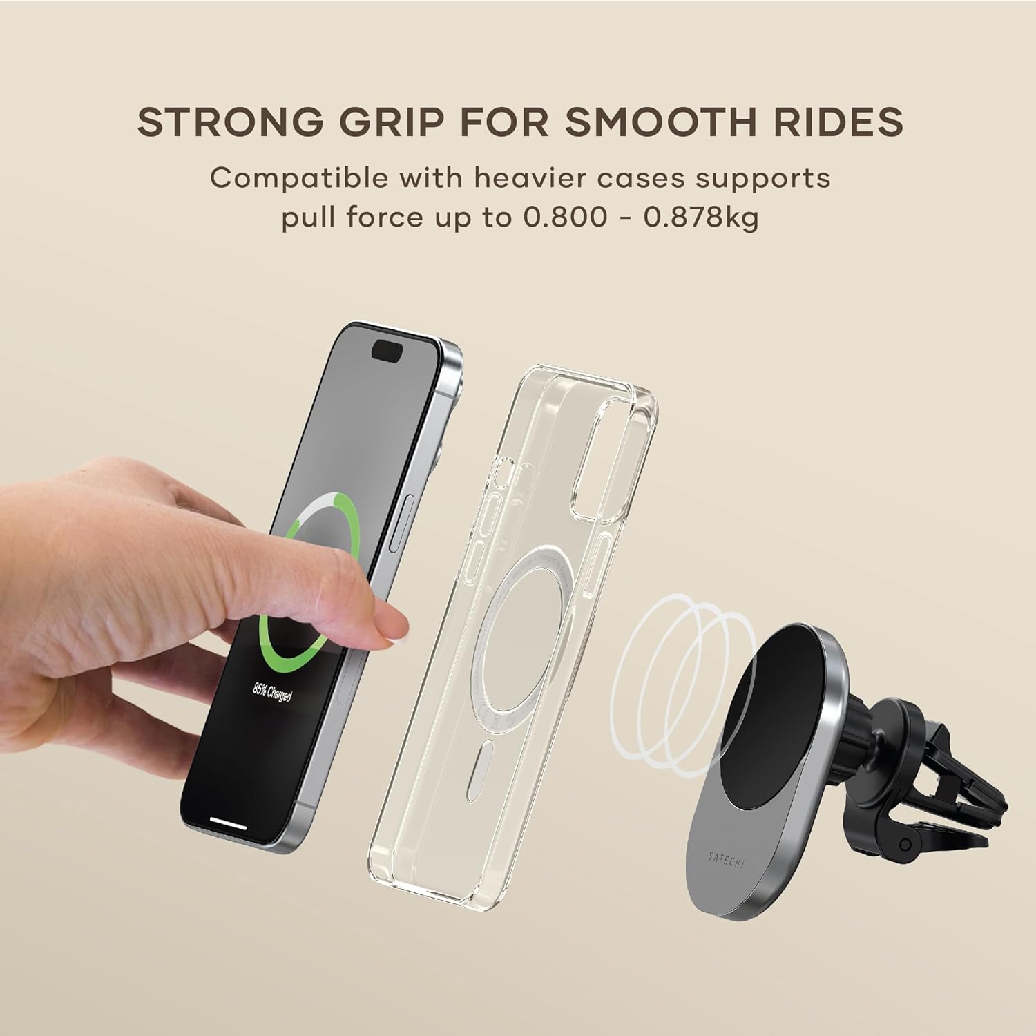 SATECHI Qi2 Wireless Car Charger, Travel Friendly Car Phone Mount Charger for Air Vents, 15W Fast Car Charger, Compatible with iPhone Series 12, 13, 14, and 15