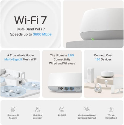TP-Link Deco BE25 BE3600 Whole Home Mesh WiFi 7 System, 688 Mbps at 2.4 GHz + 2882 Mbps at 5 GHz, 2 × 2.5 Gigabit Ports, Deco App, HomeShield, AI Mesh, MLO, Alexa and Google Assistant Supported