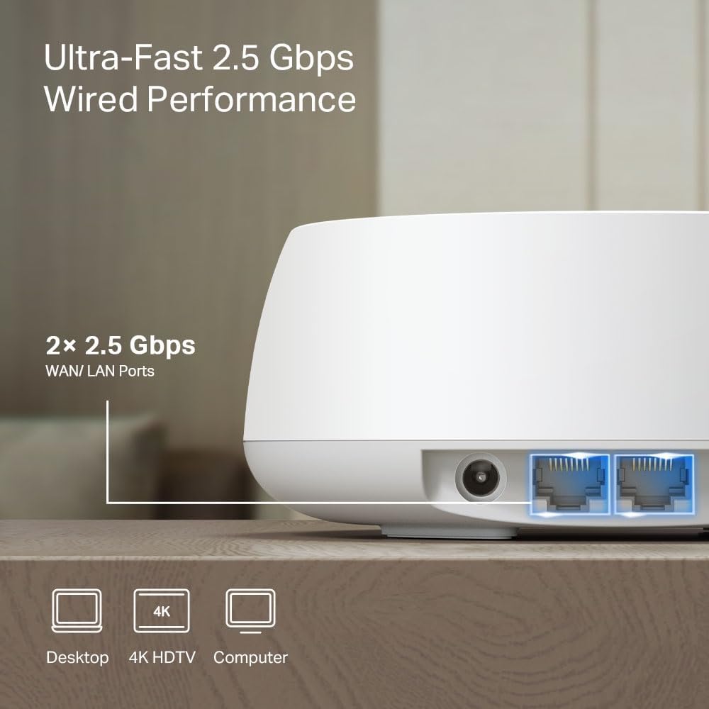 TP-Link Deco BE25 BE3600 Whole Home Mesh WiFi 7 System, 688 Mbps at 2.4 GHz + 2882 Mbps at 5 GHz, 2 × 2.5 Gigabit Ports, Deco App, HomeShield, AI Mesh, MLO, Alexa and Google Assistant Supported
