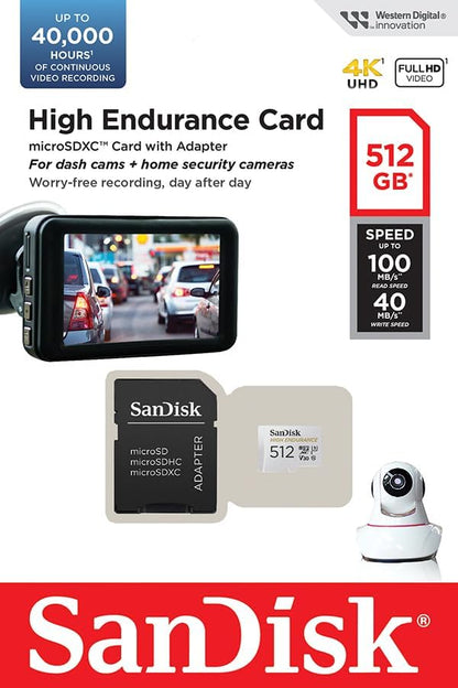 SanDisk High Endurance video monitoring 512GB microSDXC card + SD Adapter, up to 100MB/s, Class 10, U3, V30
