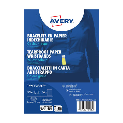 Avery Italia TYVYW-50 Braccialetti di identificazione in carta Tyvek® antistrappo - giallo fluo - 500 pezzi