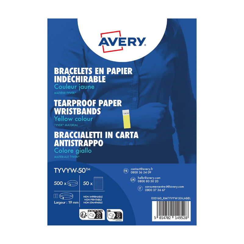 Avery Italia TYVYW-50 Braccialetti di identificazione in carta Tyvek® antistrappo - giallo fluo - 500 pezzi
