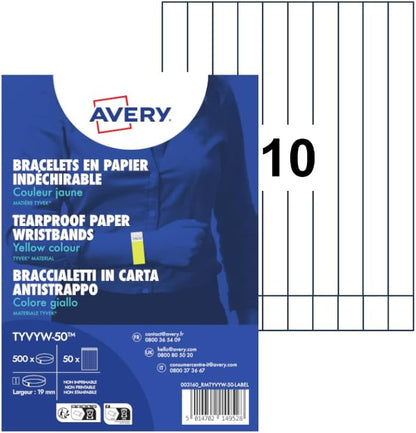 Avery Italia TYVYW-50 Braccialetti di identificazione in carta Tyvek® antistrappo - giallo fluo - 500 pezzi