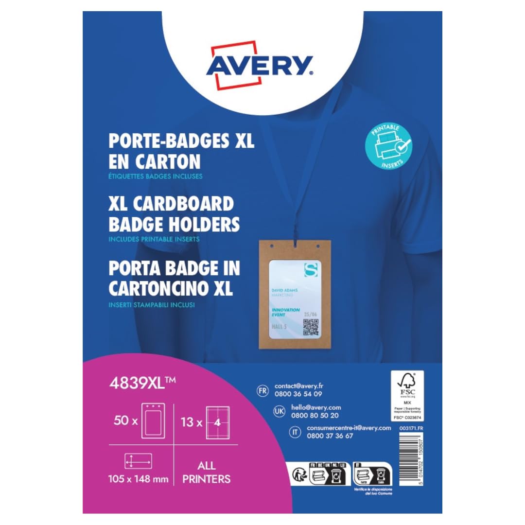 Avery Italia 4839XL - 50 porta badge in cartoncino grande formato A6, 52 inserti in carta certificata FSC® inclusi stampabili laser e inkjet