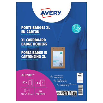 Avery Italia 4839XL - 50 porta badge in cartoncino grande formato A6, 52 inserti in carta certificata FSC® inclusi stampabili laser e inkjet