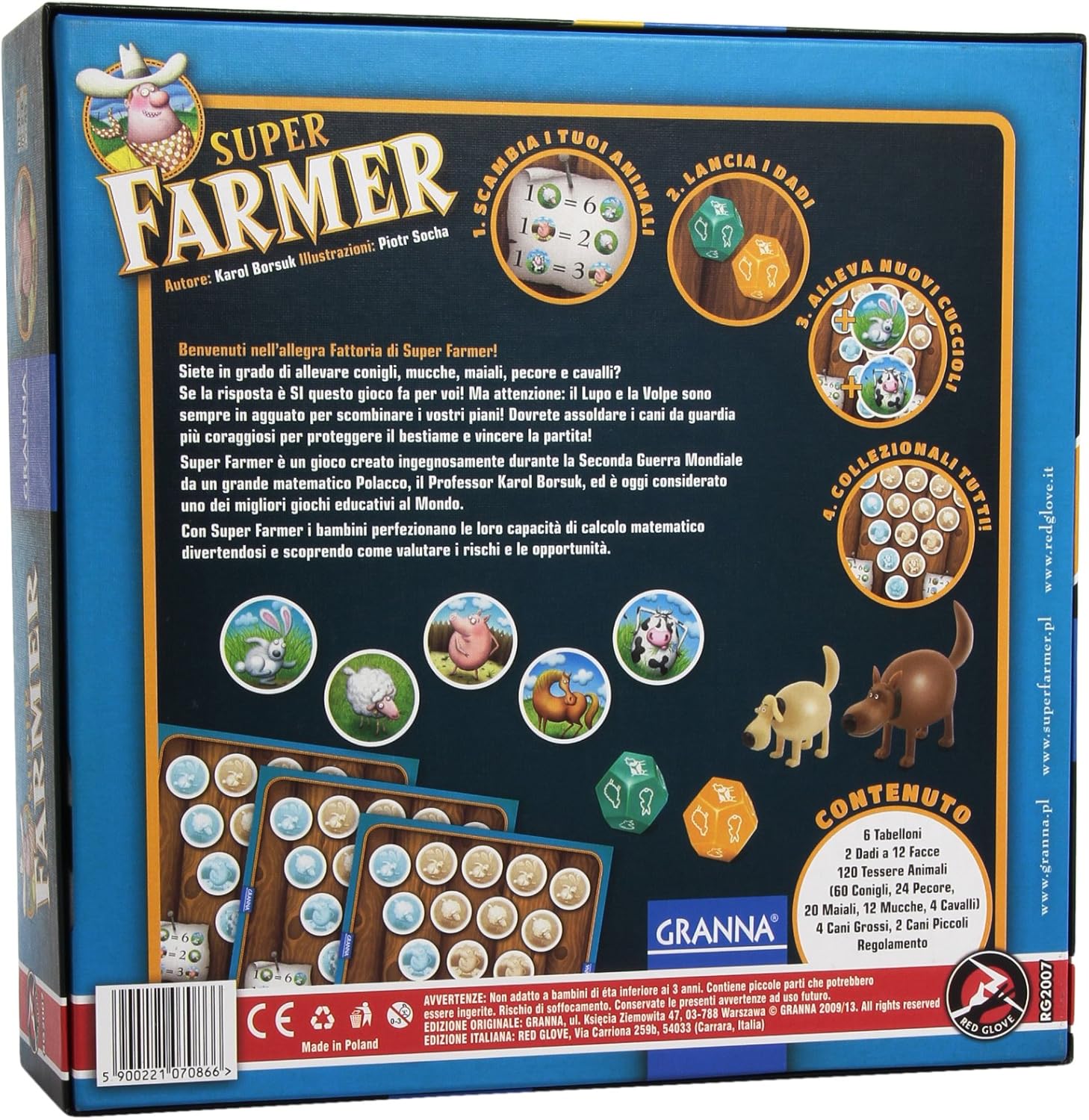Red Glove - Super Farmer Gioco da tavolo RG2007, 6-100 anni, 6 Tabelloni, 2 Dadi a 12 Facce, 120 Tessere Animali, 4 Cani Piccoli e 2 Cani Grossi di Plastica, Regolamento