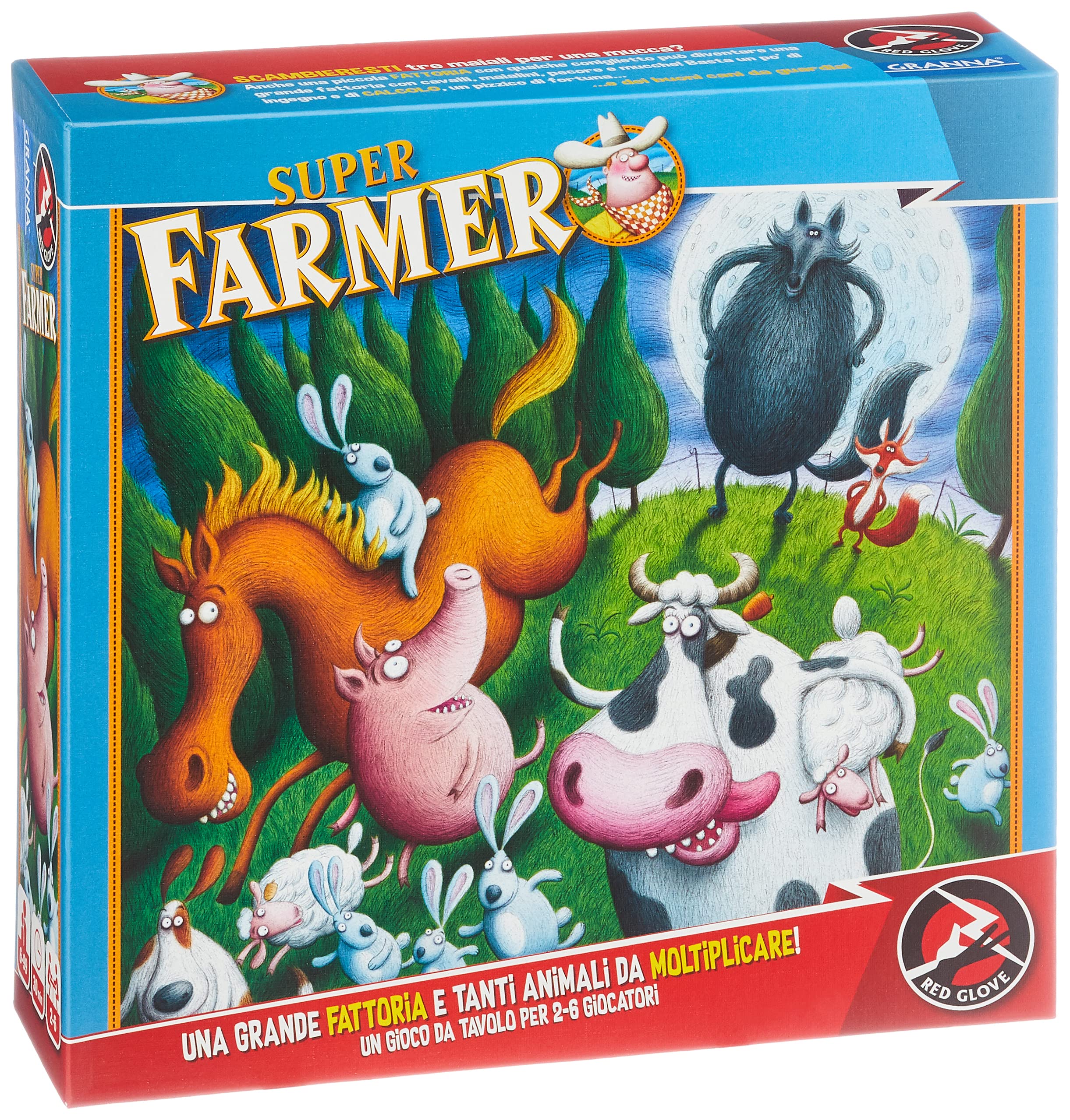 Red Glove - Super Farmer Gioco da tavolo RG2007, 6-100 anni, 6 Tabelloni, 2 Dadi a 12 Facce, 120 Tessere Animali, 4 Cani Piccoli e 2 Cani Grossi di Plastica, Regolamento