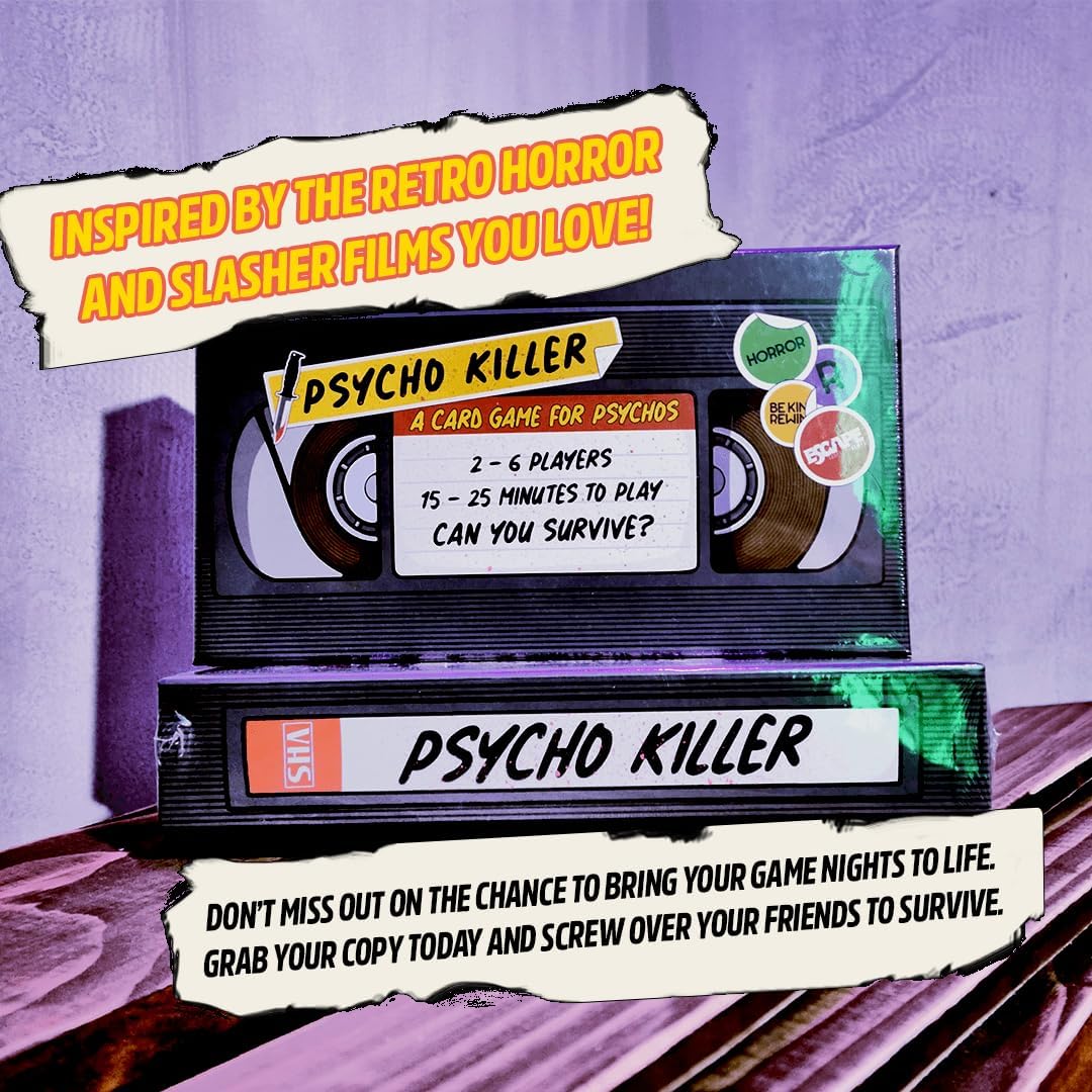 Psycho Killer: The Card Game - a fast-paced, strategic and hilarious game based on your favourite retro horror and slasher films, for ages 15 to Adult
