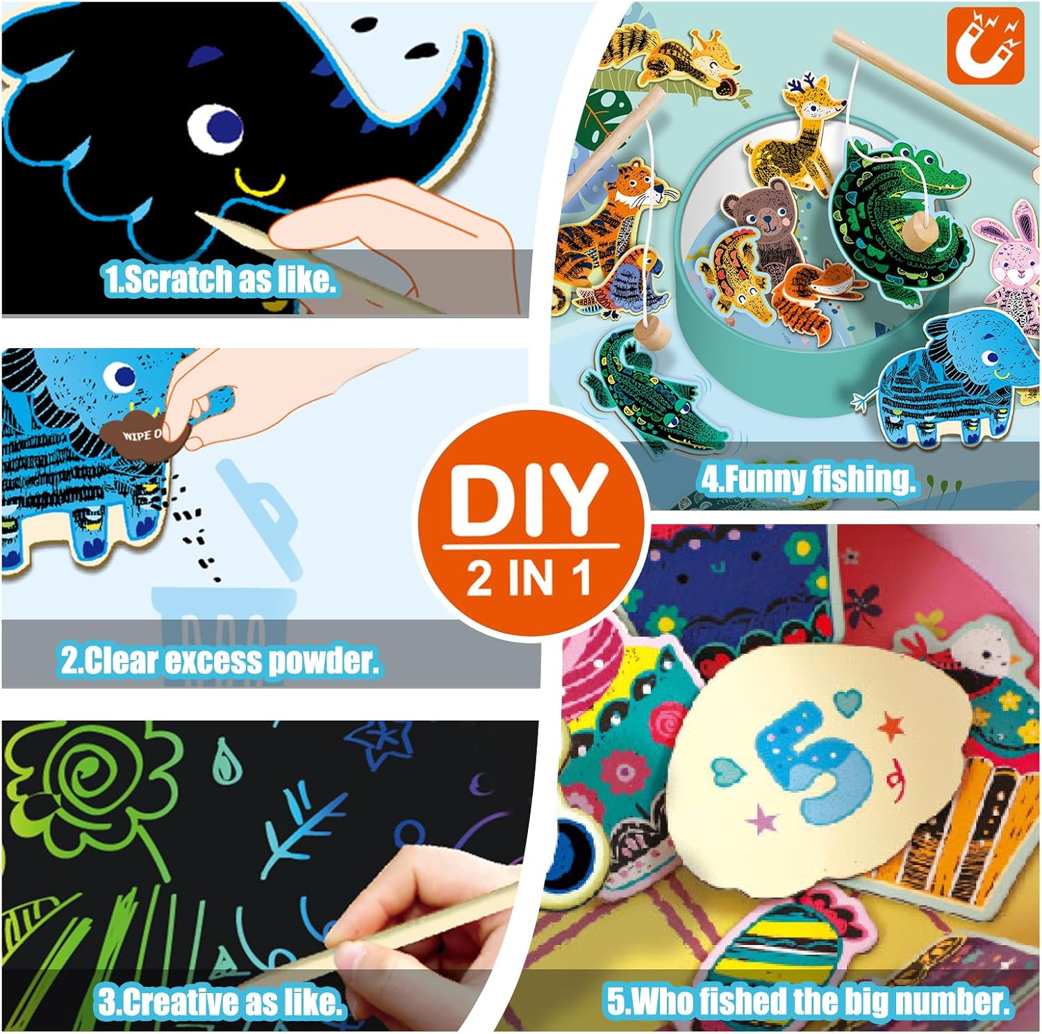 Maak Mijn Eigen Vissen Spel | Jungle Animal | Traditioneel Vissen Spel Gecombineerd met Scratch Art | voor Kinderen Leeftijd 3+